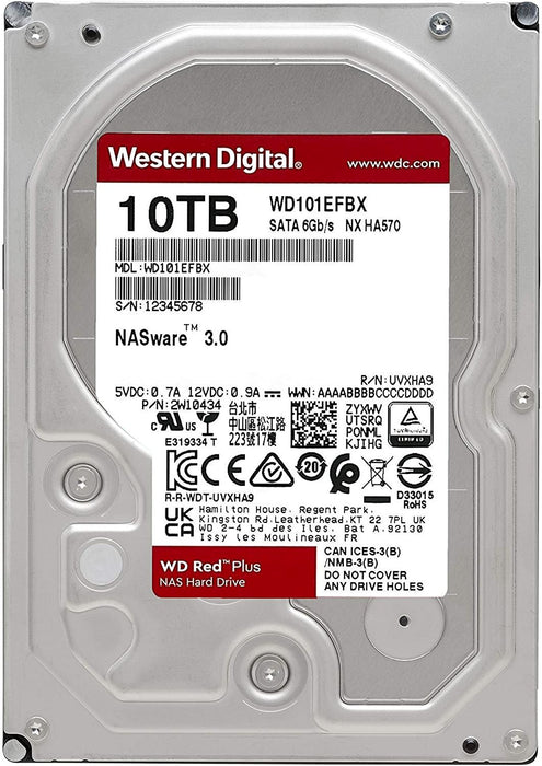 Western Digital 10TB WD Red plus NAS Internal Hard Drive HDD - 7200 RPM, SATA 6 Gb/S, CMR, 256 MB Cache, 3.5" - WD101EFBX