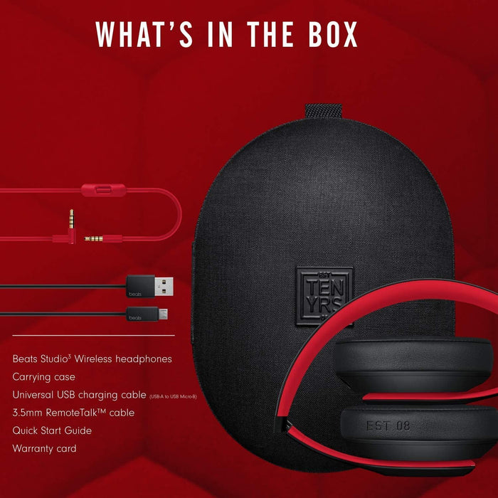 The box contains:  Beats Studio3 Wireless headphones,  Carrying case,  Universal USB charging cable,  3.5mm RemoteTalk cable,  Quick Start Guide,  Warranty card