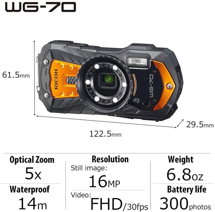 Ricoh WG-70 Orange Waterproof Digital Camera 16MP, Black