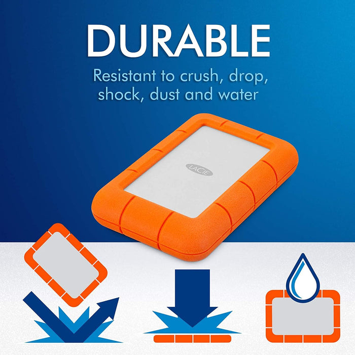 Lacie Rugged Mini, 1TB, 2.5", Portable External Hard Drive, for PC and Mac, Shock, Drop and Pressure Resistant, 2 Year Rescue Services (LAC301558)