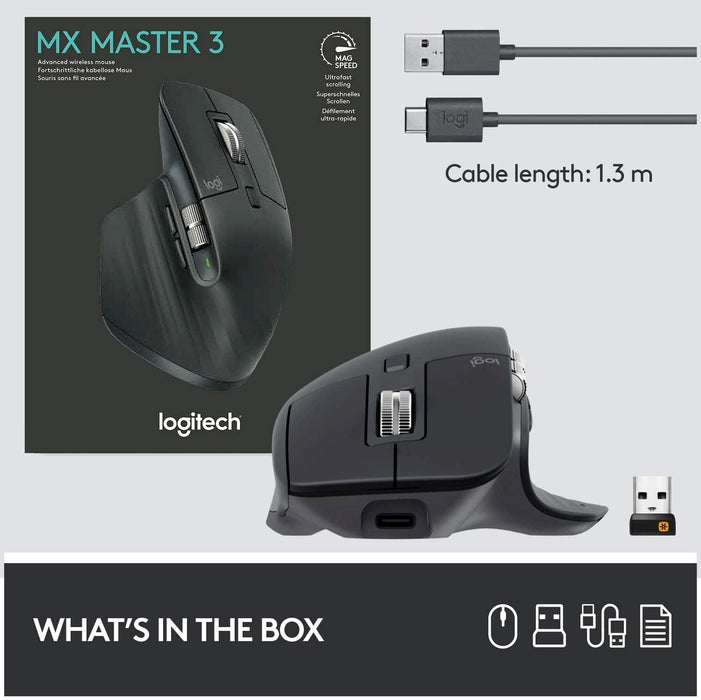 Logitech MX Master 3 Advanced Wireless Mouse, Bluetooth or 2.4Ghz USB Receiver, Ultrafast Scrolling, 4000 DPI Any Surface Tracking, Ergonomic, 7 Button, Rechargeable, Pc/Mac/Laptop/Ipados - Dark Grey