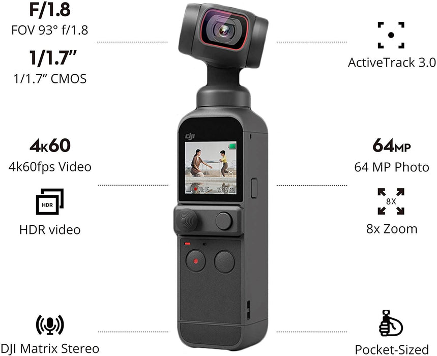 DJI Pocket 2 - Handheld 3-Axis Gimbal Stabilizer with 4K Camera, 1/1.7” CMOS, 64MP Photo, Pocket-Sized, Activetrack 3.0, Glamour Effects, Youtube Tiktok Video Vlog, for Android and Iphone, Black