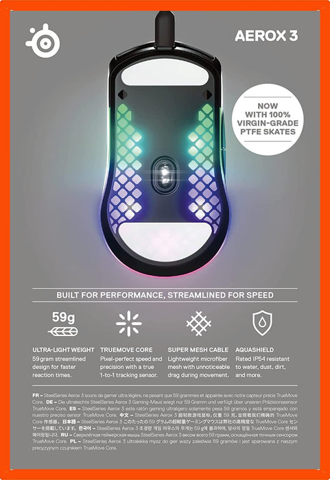 Steelseries Aerox 3 Onyx (2022) - Super Light Gaming Mouse - 8,500 CPI Truemove Core Optical Sensor - Ultra-Lightweight 59G Water Resistant Design