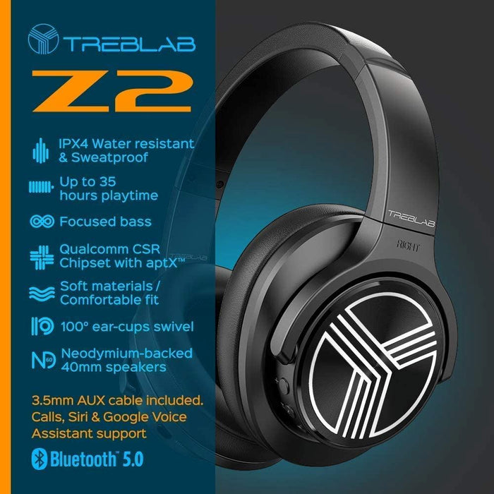 TREBLAB Z2 - Ultra Premium over Ear Wireless Headphones - Hyperhd Sound, High-End Bluetooth Stereo Aptx, Active Noise Cancelling ANC Microphone, 35H Battery, Best Sports Gym Workout Travel Auriculares
