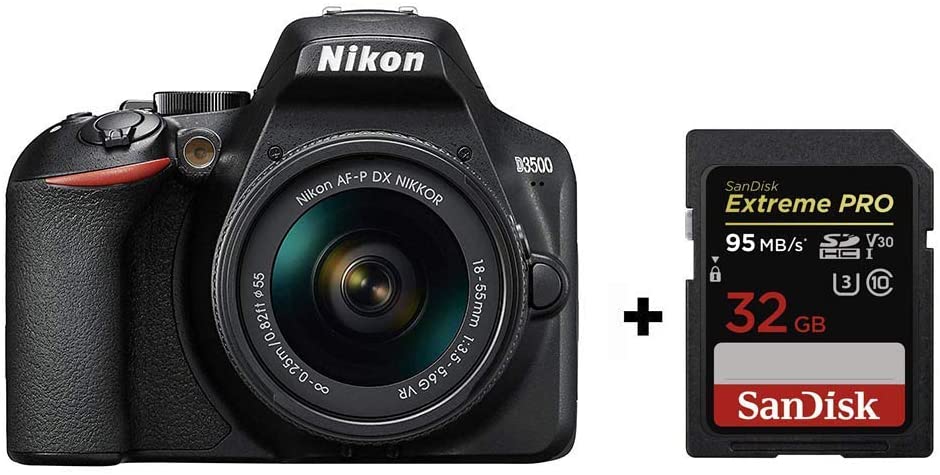 Nikon D3500 + AF-P DX 18–55 VR Kit,24.2 MP DX-format sensor, ISO light + 32G Memory Card,Black