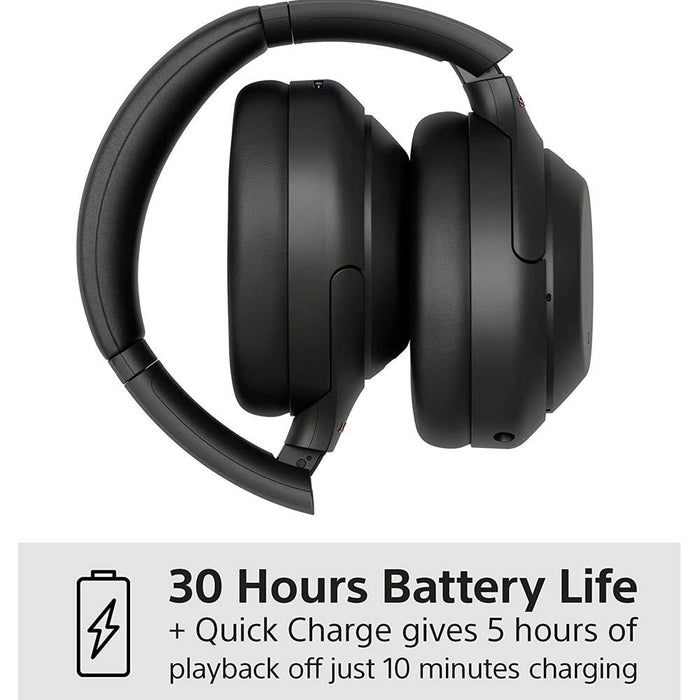 The Sony wh-1000xm4 wireless noise-cancelling black headphones with fast charging and over 30 hours of battery life